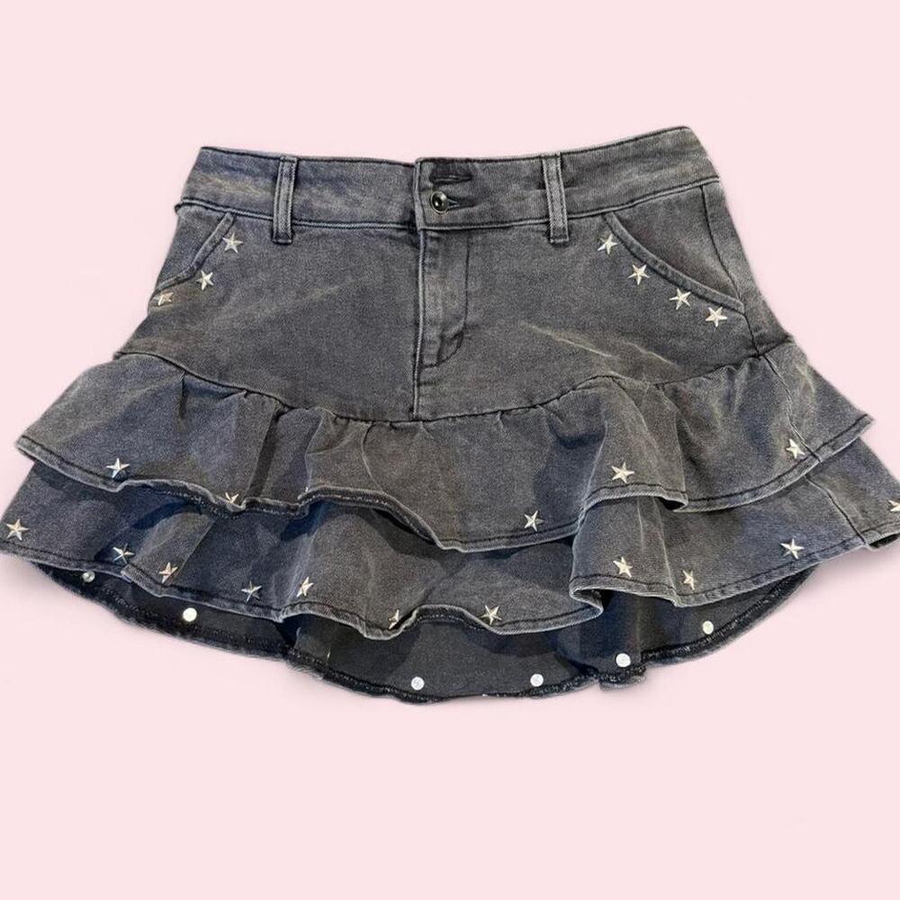Dark Gray Denim Ruffle Tiered Mini Skirt with Star Studs Whimsigoth Country M